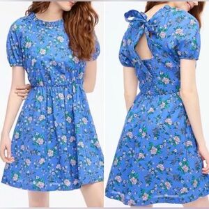 J.Crew Puff Sleeve Tieback Seacoast Blue Peasant Floral Backless Dress Fit Flare